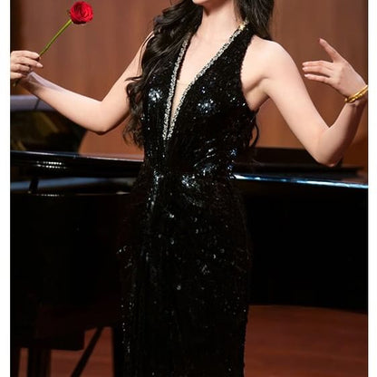 Evening Glitter A-Line Sleeveless Gown V-Neck Rhinestone