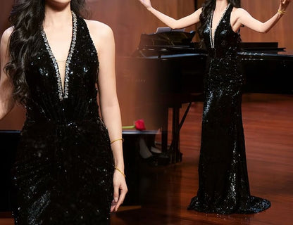 Sleeveless V-Neck Rhinestone Glitter A-Line Evening Gown