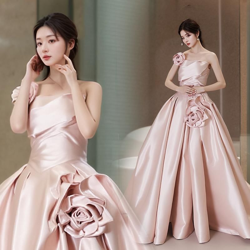 Gown Strapless Flower Plain Detail Ball Wedding