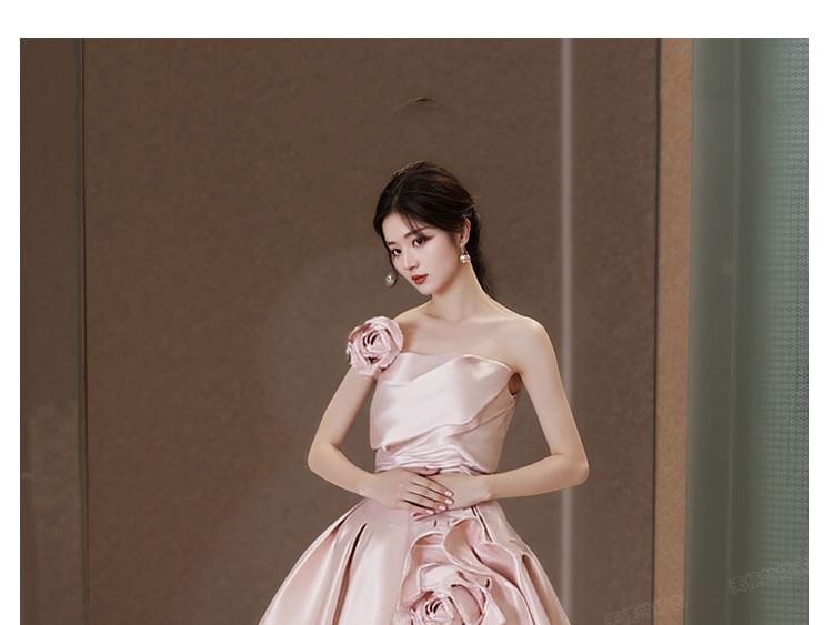 Gown Strapless Flower Plain Detail Ball Wedding