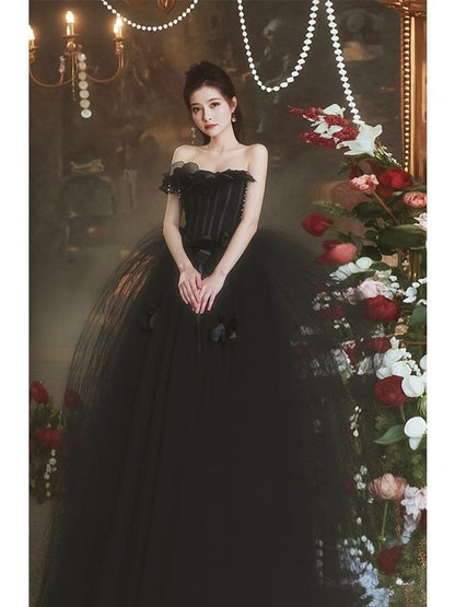Strapless Plain Flower Detail A-Line Evening Gown
