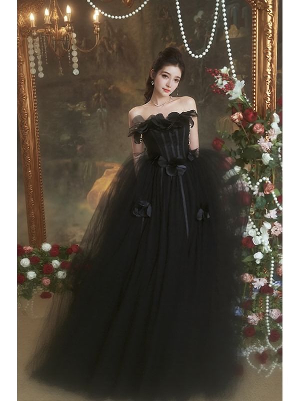 Strapless Plain Flower Detail A-Line Evening Gown