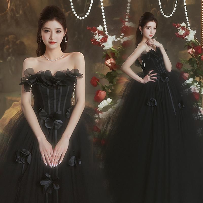 Strapless Plain Flower Detail A-Line Evening Gown