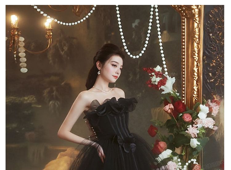 Strapless Plain Flower Detail A-Line Evening Gown