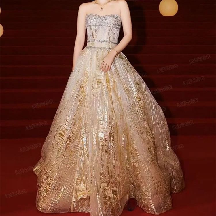 Spaghetti Strap Rhinestone A-Line Evening Gown