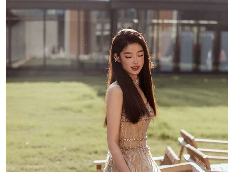 Spaghetti Strap Gown A-Line Rhinestone Evening