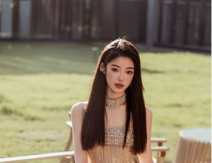 Spaghetti Strap Gown A-Line Rhinestone Evening