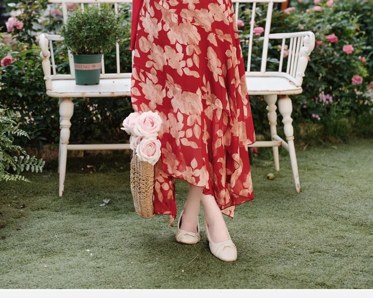 Sleeveless V-Neck Floral Print Asymmetrical Bow Maxi A-Line Wrap Dress / Plain Cardigan / Set