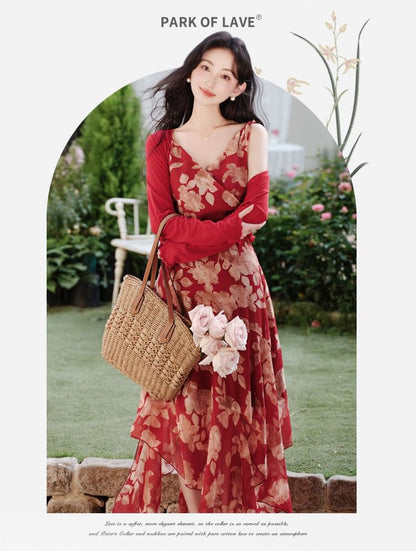 Sleeveless V-Neck Floral Print Asymmetrical Bow Maxi A-Line Wrap Dress / Plain Cardigan / Set