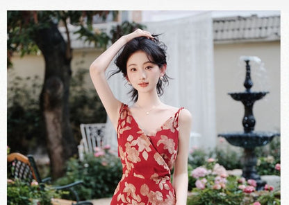 Sleeveless V-Neck Floral Print Asymmetrical Bow Maxi A-Line Wrap Dress / Plain Cardigan / Set