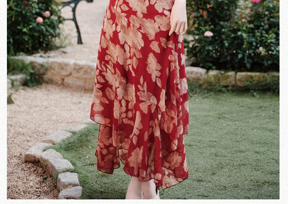 Sleeveless V-Neck Floral Print Asymmetrical Bow Maxi A-Line Wrap Dress / Plain Cardigan / Set