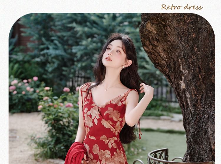 Sleeveless V-Neck Floral Print Asymmetrical Bow Maxi A-Line Wrap Dress / Plain Cardigan / Set