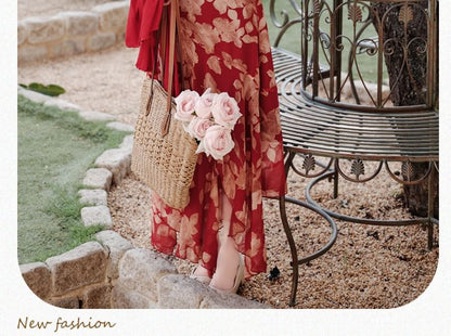 Sleeveless V-Neck Floral Print Asymmetrical Bow Maxi A-Line Wrap Dress / Plain Cardigan / Set