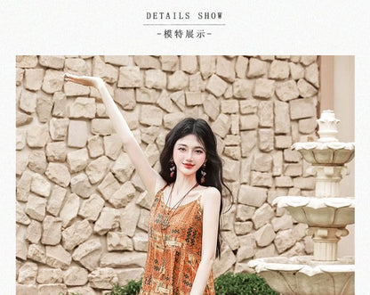 Spaghetti Strap Patterned Print Tiered Midi A-Line Dress / Plain Fringe Crochet Camisole Top / Cardigan / Belt / Set