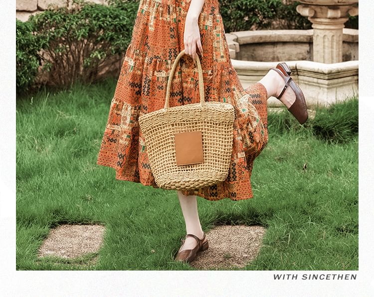 Spaghetti Strap Patterned Print Tiered Midi A-Line Dress / Plain Fringe Crochet Camisole Top / Cardigan / Belt / Set