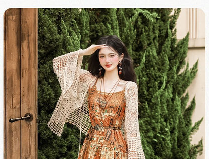 Spaghetti Strap Patterned Print Tiered Midi A-Line Dress / Plain Fringe Crochet Camisole Top / Cardigan / Belt / Set