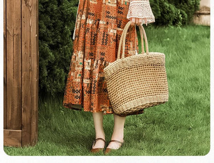 Spaghetti Strap Patterned Print Tiered Midi A-Line Dress / Plain Fringe Crochet Camisole Top / Cardigan / Belt / Set