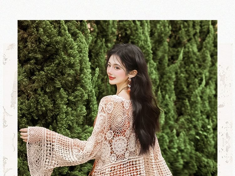 Spaghetti Strap Patterned Print Tiered Midi A-Line Dress / Plain Fringe Crochet Camisole Top / Cardigan / Belt / Set