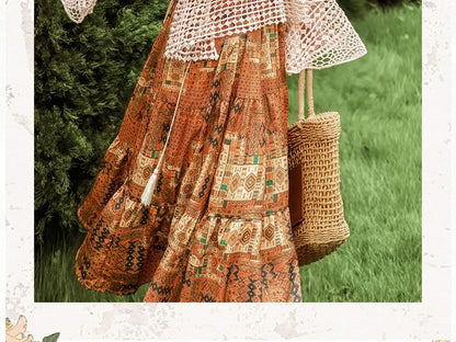 Spaghetti Strap Patterned Print Tiered Midi A-Line Dress / Plain Fringe Crochet Camisole Top / Cardigan / Belt / Set