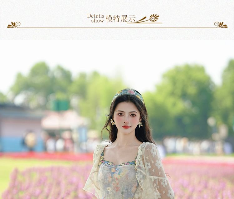 Flutter Sleeve Round Neck Floral Print Two-Way Panel Lace Maxi A-Line Dress / V-Neck Floral Patterned Ruffle Mesh Button Bolero / Set