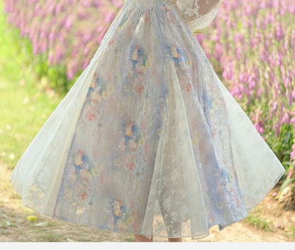 Flutter Sleeve Round Neck Floral Print Two-Way Panel Lace Maxi A-Line Dress / V-Neck Floral Patterned Ruffle Mesh Button Bolero / Set