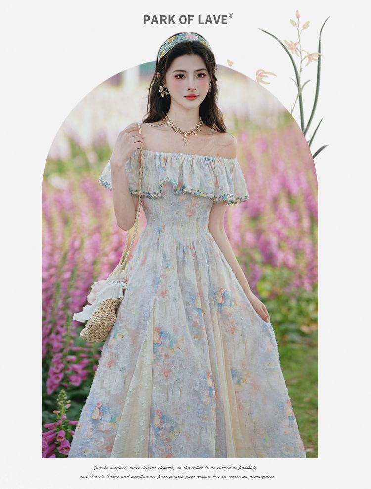 Flutter Sleeve Round Neck Floral Print Two-Way Panel Lace Maxi A-Line Dress / V-Neck Floral Patterned Ruffle Mesh Button Bolero / Set