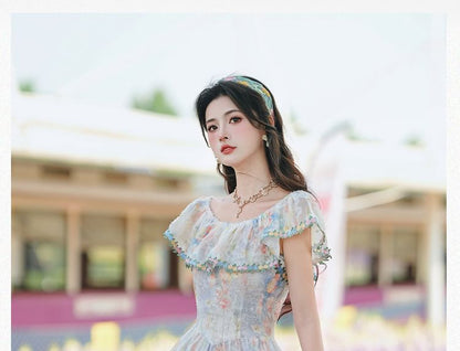Flutter Sleeve Round Neck Floral Print Two-Way Panel Lace Maxi A-Line Dress / V-Neck Floral Patterned Ruffle Mesh Button Bolero / Set