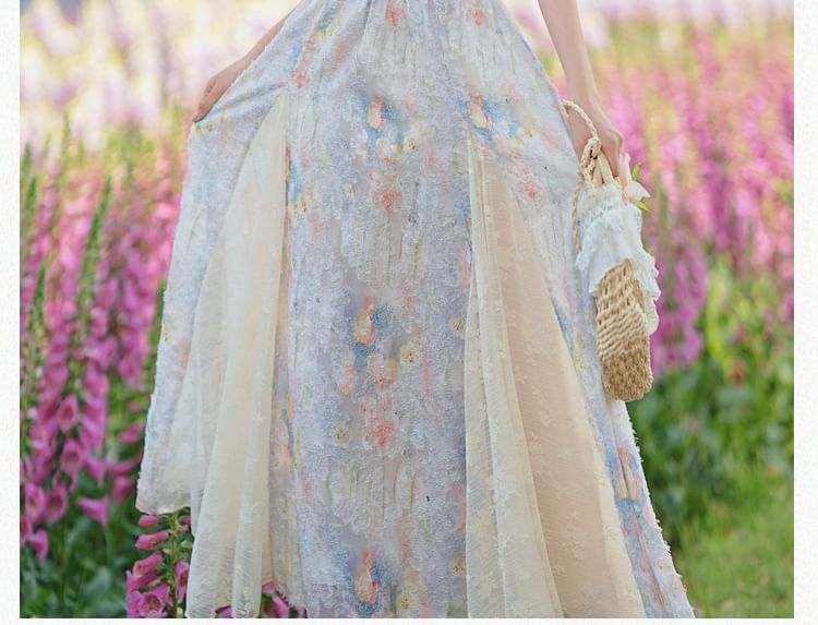 Flutter Sleeve Round Neck Floral Print Two-Way Panel Lace Maxi A-Line Dress / V-Neck Floral Patterned Ruffle Mesh Button Bolero / Set