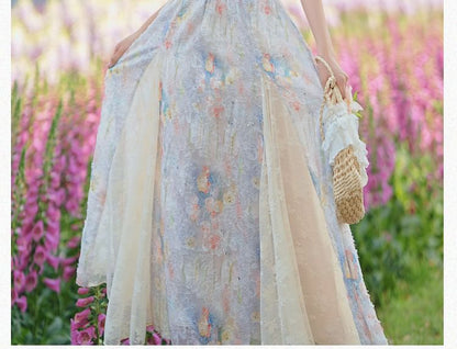 Flutter Sleeve Round Neck Floral Print Two-Way Panel Lace Maxi A-Line Dress / V-Neck Floral Patterned Ruffle Mesh Button Bolero / Set