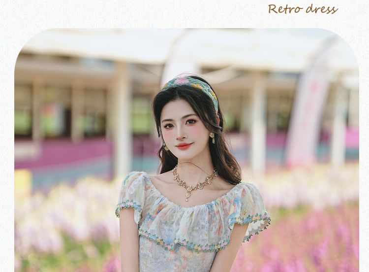 Flutter Sleeve Round Neck Floral Print Two-Way Panel Lace Maxi A-Line Dress / V-Neck Floral Patterned Ruffle Mesh Button Bolero / Set