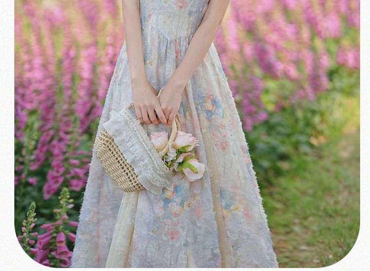 Flutter Sleeve Round Neck Floral Print Two-Way Panel Lace Maxi A-Line Dress / V-Neck Floral Patterned Ruffle Mesh Button Bolero / Set