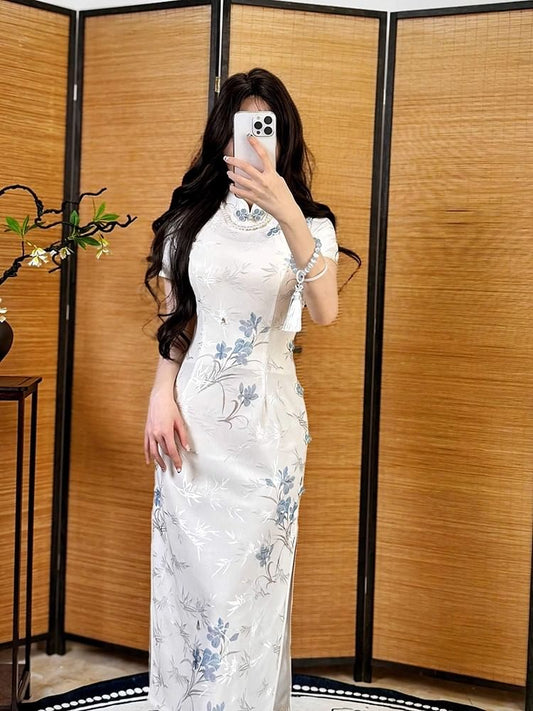 Short-Sleeve Floral Print Slit Midi Qipao