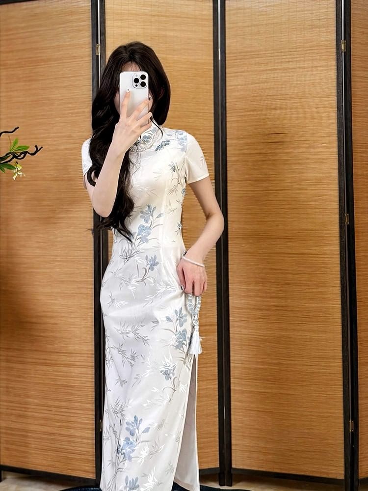 Short-Sleeve Floral Print Slit Midi Qipao