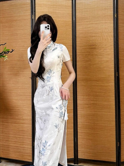 Short-Sleeve Floral Print Slit Midi Qipao