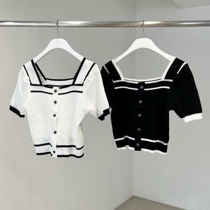 Square-Neck Contrast-Trim Button-Up Short-Sleeve Knit Top