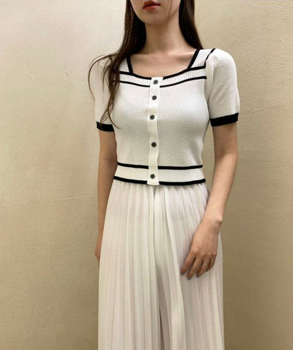 Square-Neck Contrast-Trim Button-Up Short-Sleeve Knit Top