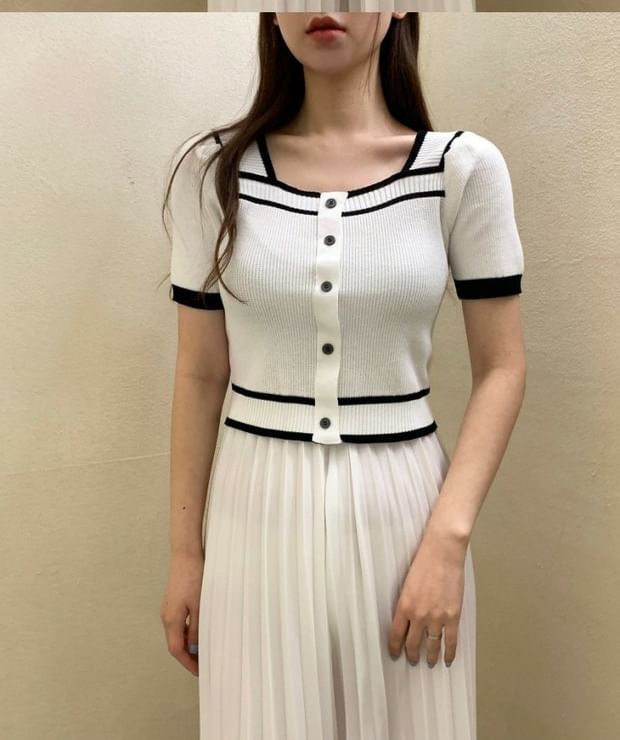 Square-Neck Contrast-Trim Button-Up Short-Sleeve Knit Top