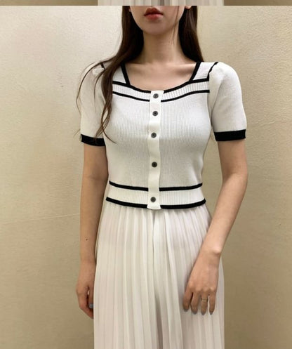 Square-Neck Contrast-Trim Button-Up Short-Sleeve Knit Top