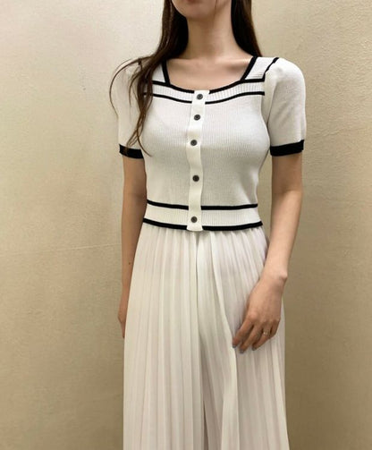 Square-Neck Contrast-Trim Button-Up Short-Sleeve Knit Top