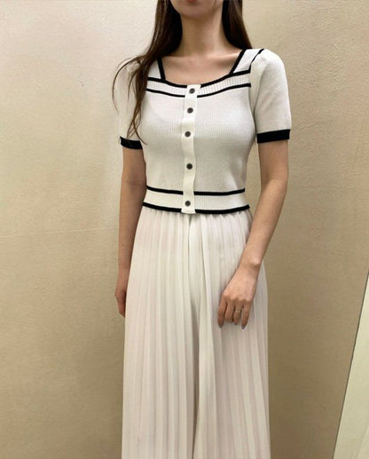 Square-Neck Contrast-Trim Button-Up Short-Sleeve Knit Top