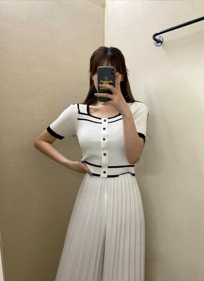 Square-Neck Contrast-Trim Button-Up Short-Sleeve Knit Top