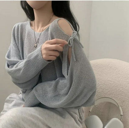 Round-Neck Cold-Shoulder Plain Long-Sleeve Sweater