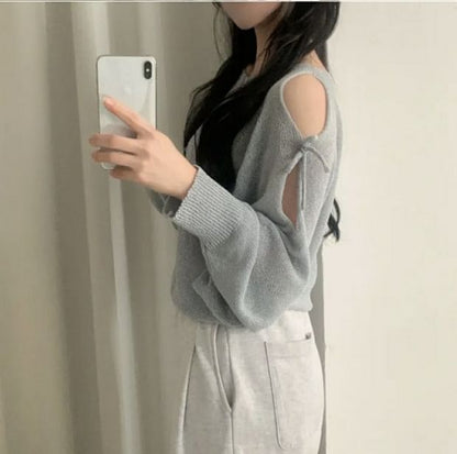Round-Neck Cold-Shoulder Plain Long-Sleeve Sweater