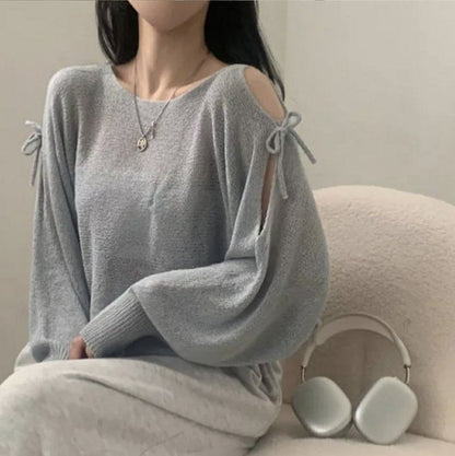 Round-Neck Cold-Shoulder Plain Long-Sleeve Sweater