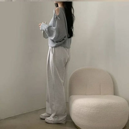 Round-Neck Cold-Shoulder Plain Long-Sleeve Sweater