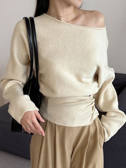 Off Shoulder Plain Ruched Knit Top with Long Sleeves and Textured Finish