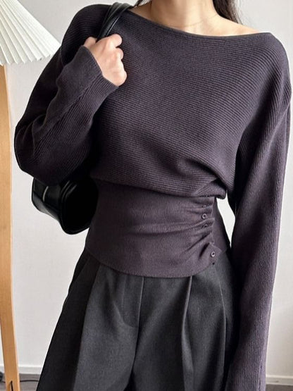 Off Shoulder Plain Ruched Knit Top with Long Sleeves and Textured Finish