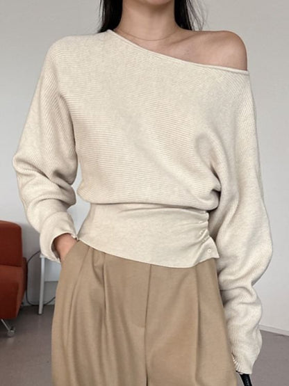 Off Shoulder Plain Ruched Knit Top with Long Sleeves and Textured Finish