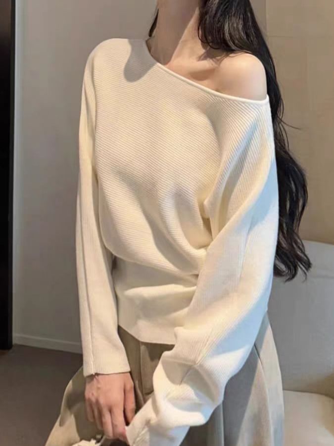 Off Shoulder Plain Ruched Knit Top with Long Sleeves and Textured Finish