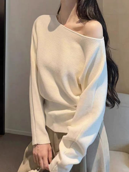 Off Shoulder Plain Ruched Knit Top with Long Sleeves and Textured Finish